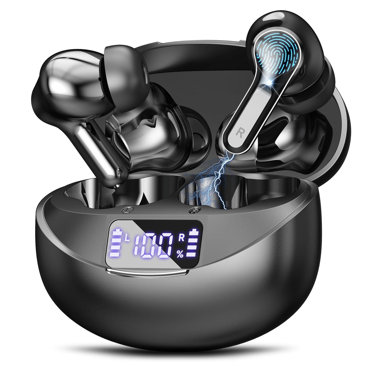 Fhumsh earbuds LED display shows battery level for quick charging planning.