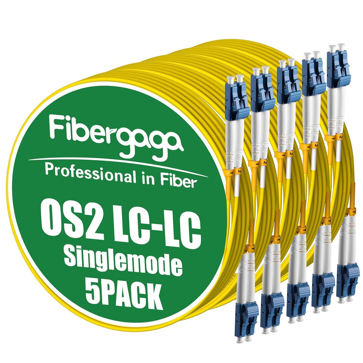 Fibergaga 5-pack 15m OS2 LC to LC patch cables with duplex connectors for indoor use