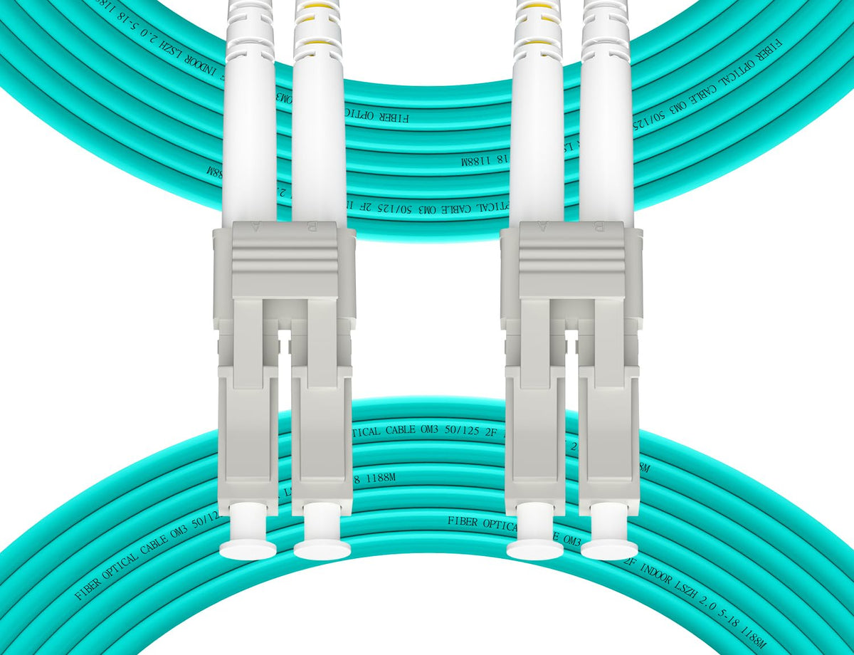 Fibergaga front view of LC-LC OM3 100m cable showing connectors and blue LSZH jacket for reliable connections