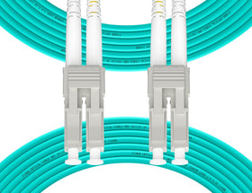Fibergaga front view of LC-LC OM3 100m cable showing connectors and blue LSZH jacket for reliable connections