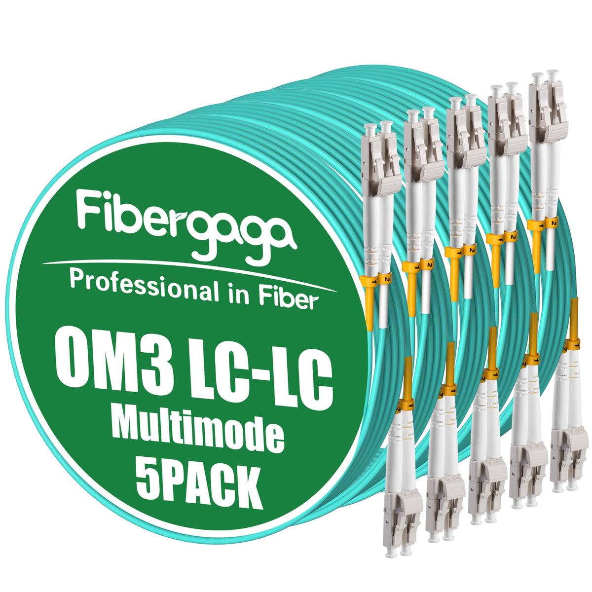 Fibergaga LC-LC duplex patch cable in blue for high-speed networks.