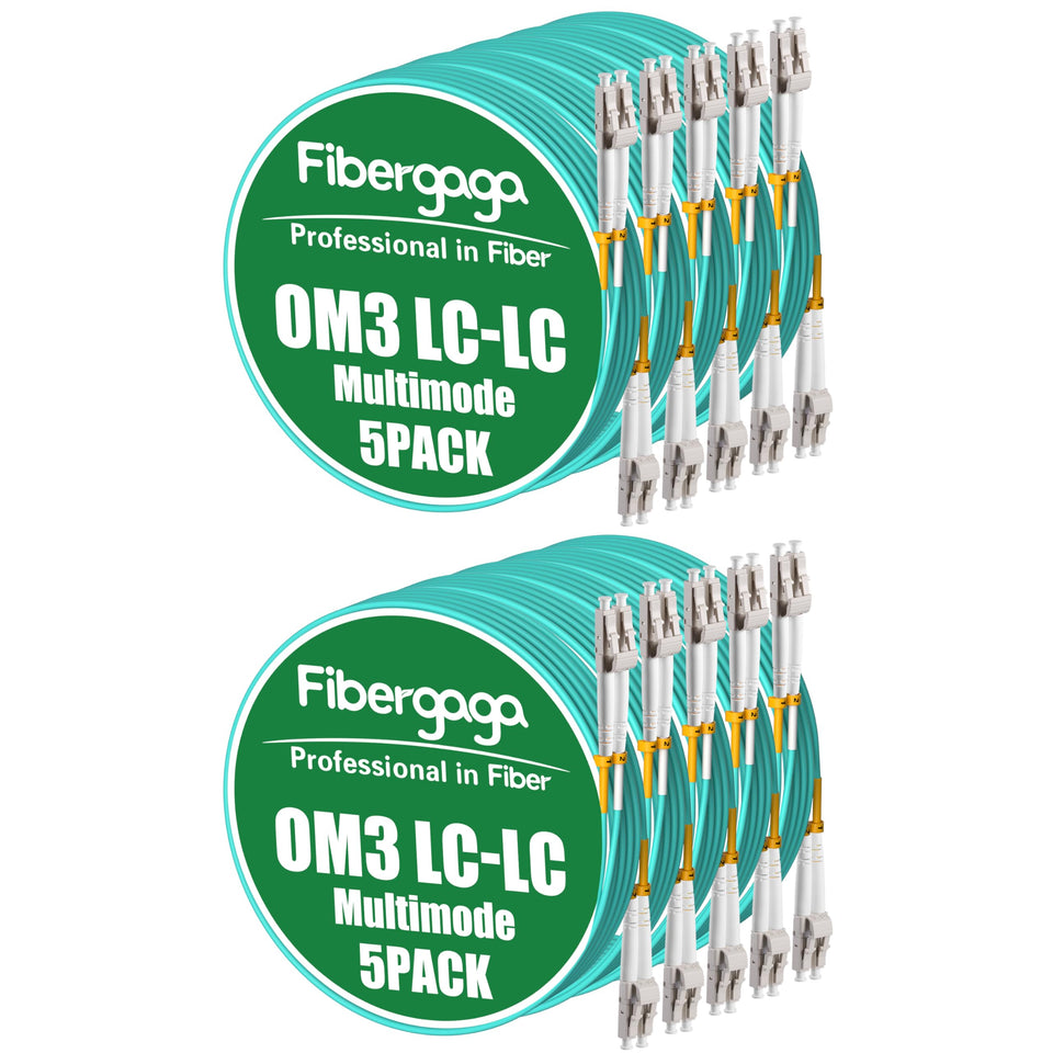 Fibergaga OM3 LC to LC patch cable with blue jacket for 10G networks.