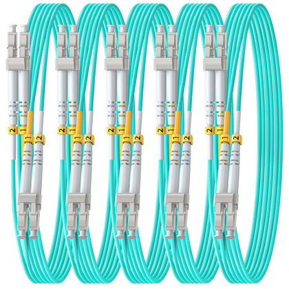 FiberPrime front-angle view of OM4 LC-LC duplex cable showing connectors and jacket, reliable connection