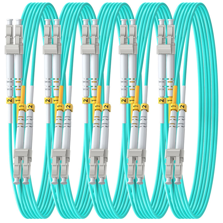 FiberPrime front-angle view of OM4 LC-LC duplex cable showing connectors and jacket, reliable connection