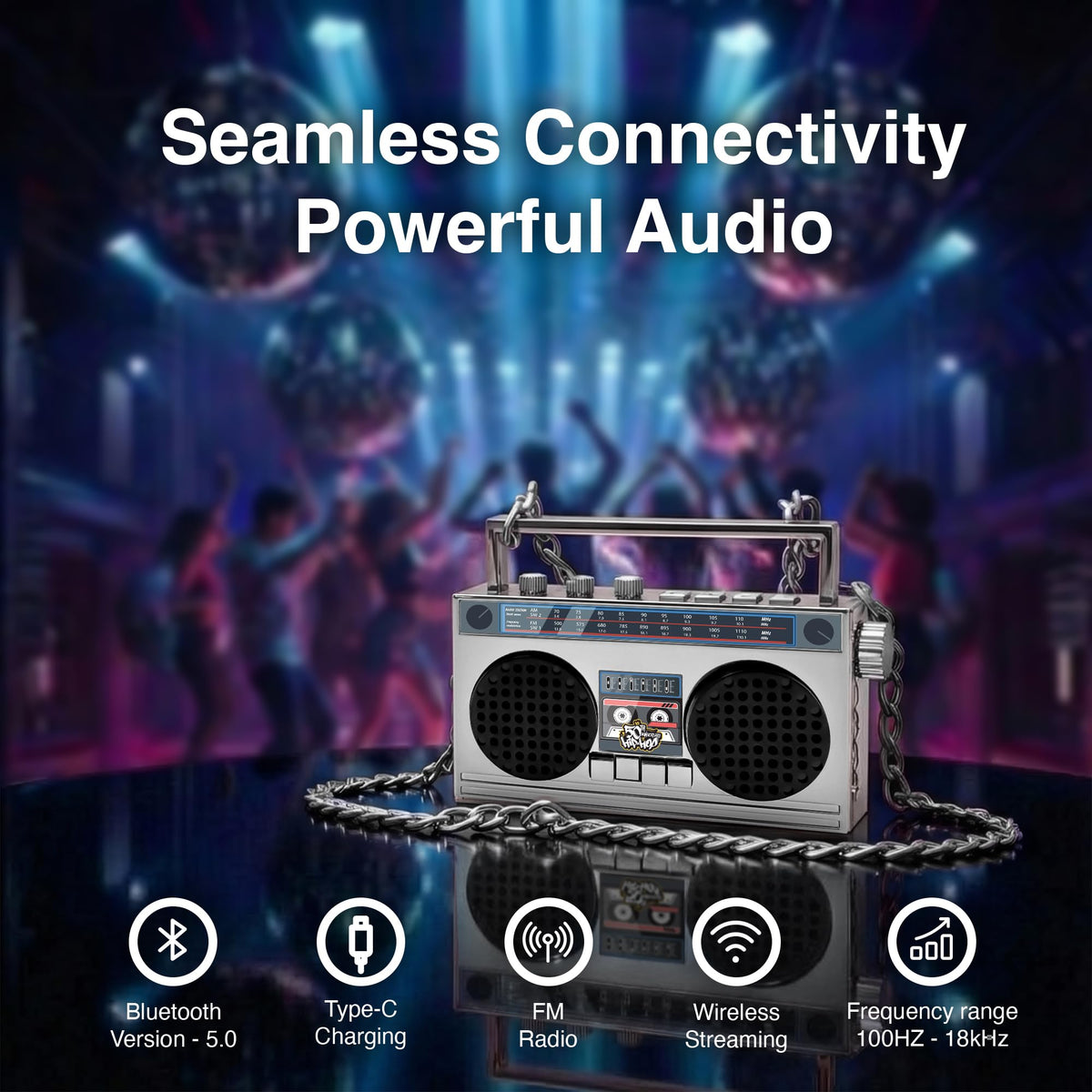 Built-in FM radio tuner on 50th Anniversary of Hip Hop speaker