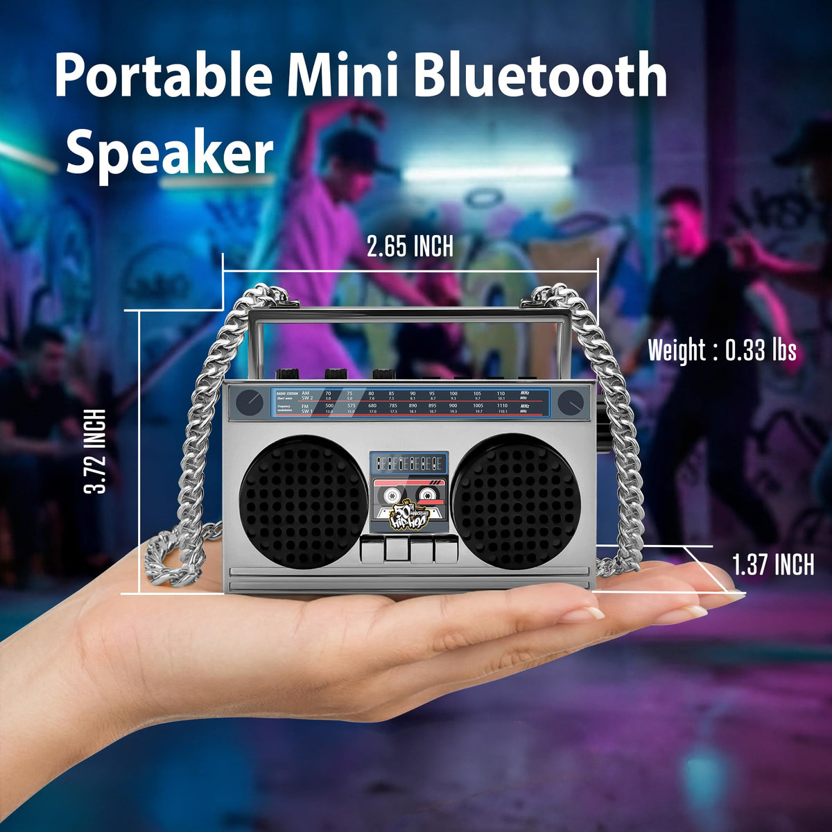 Front view of 50th Anniversary of Hip Hop mini Bluetooth speaker with retro boombox styling