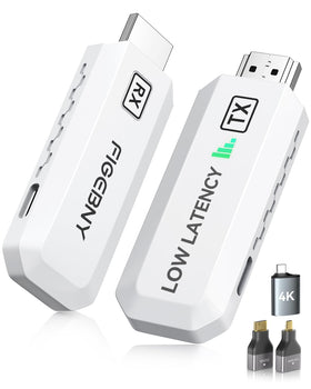 FIGEBNY front view of wireless HDMI kit showing compact transmitter and receiver, simplifies setup