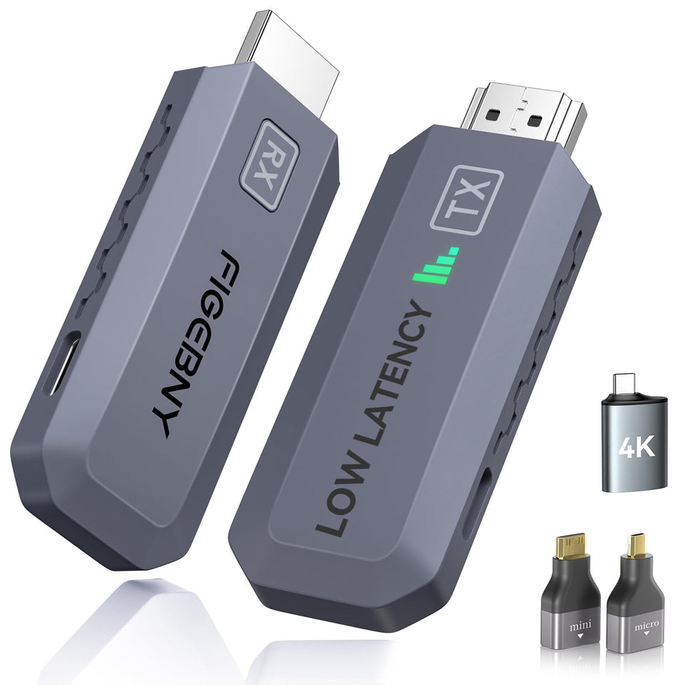 FIGEBNY wireless HDMI transmitter setup for quick pairing in home theater.