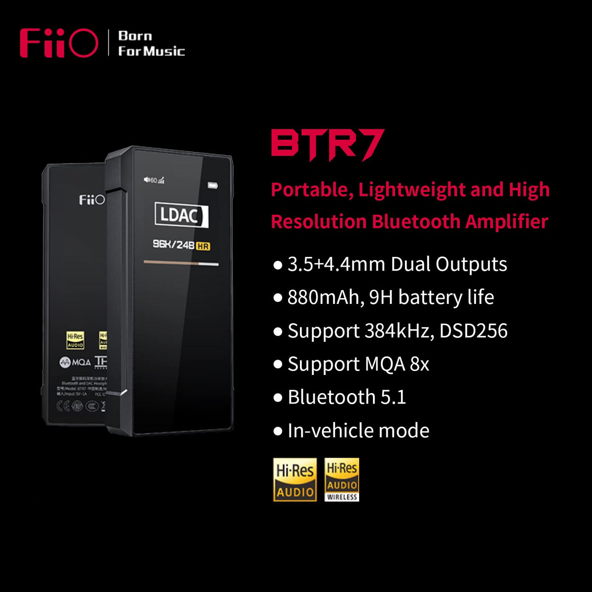 Fiio BTR7 dual outputs with 3.5mm and 4.4mm jacks for versatile wired listening