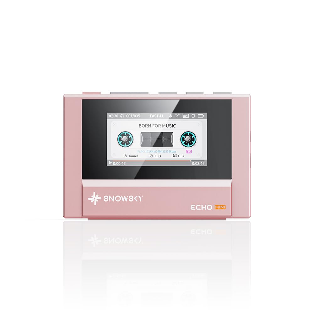 Fiio Echo MINI pink front view with retro display for portable high-fidelity listening.