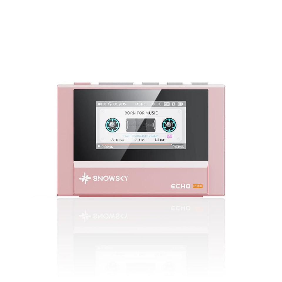 Fiio Echo MINI pink front view with retro display for portable high-fidelity listening.