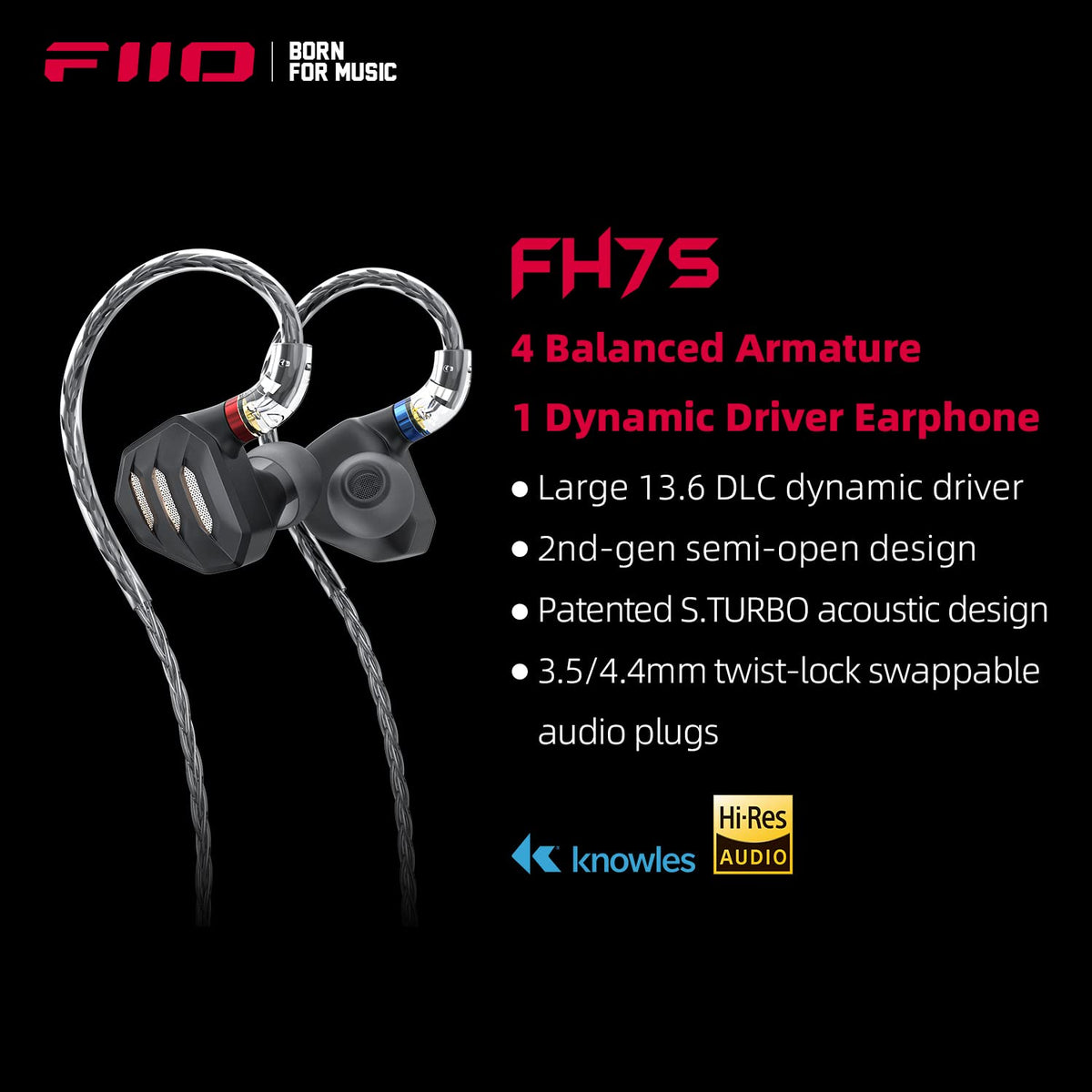 Fiio FH7S hybrid IEM configuration delivers detailed bass and crisp highs.