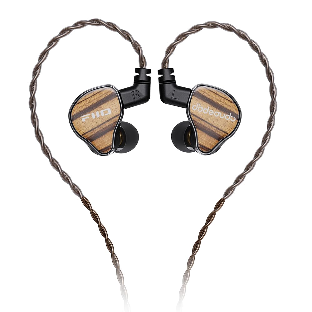 FiiO JH13 front view showing zebra wood faceplate and premium finish benefit clarity