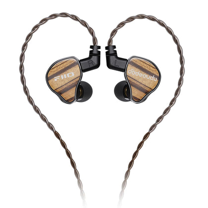 FiiO JH13 front view showing zebra wood faceplate and premium finish benefit clarity