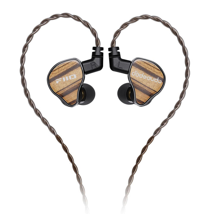 FiiO JH13 front view showing zebra wood faceplate and premium finish benefit clarity