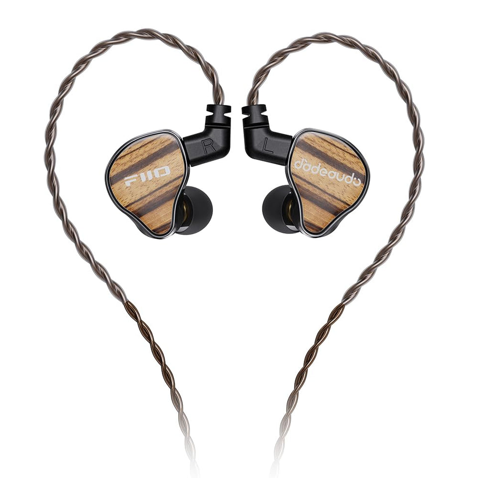 FiiO JH13 front view showing zebra wood faceplate and premium finish benefit clarity