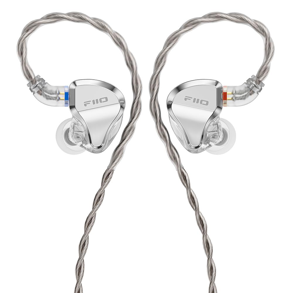 FiiO JH5 hybrid IEM with 1DD+4BA drivers, silver finish, delivering detailed highs.