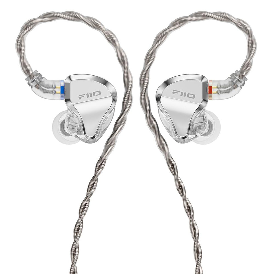 FiiO JH5 hybrid IEM with 1DD+4BA drivers, silver finish, delivering detailed highs.