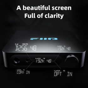 Fiio K11 VA display closeup reveals sampling rate and gain information.
