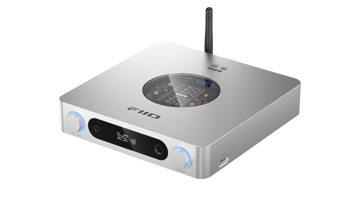 Fiio K13 R2R DAC front view, ideal for elevated desk listening.
