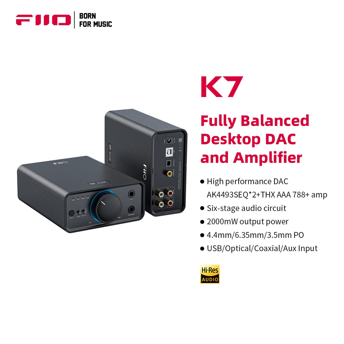 Fiio K7 back panel showing USB, optical, coaxial and AUX inputs for flexible connections