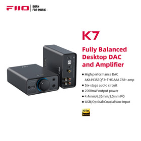 Fiio K7 back panel showing USB, optical, coaxial and AUX inputs for flexible connections