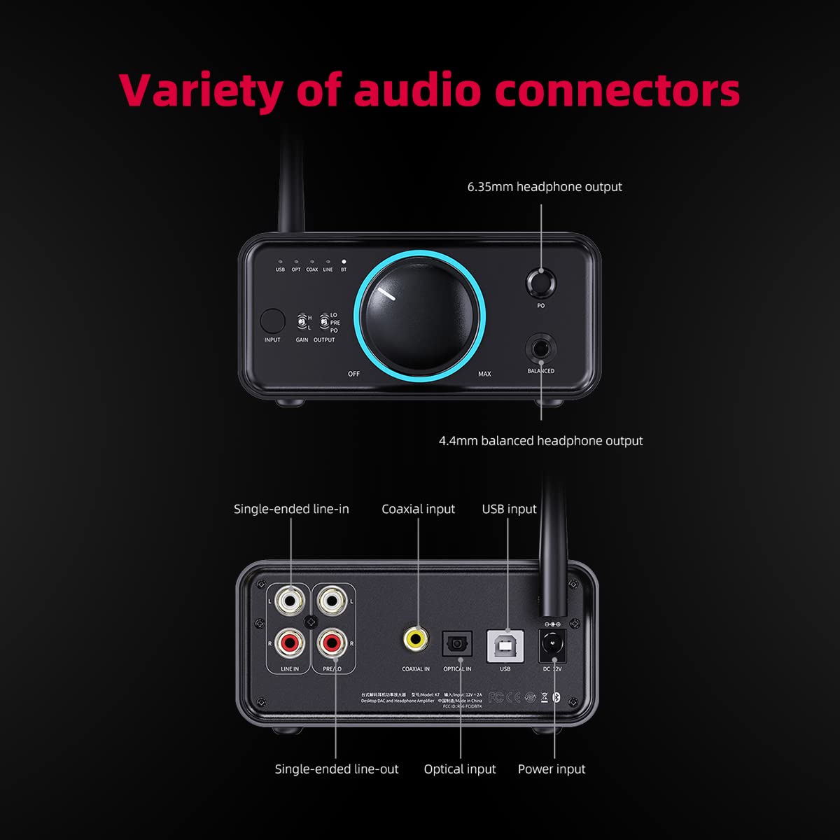 FiiO K7BT RGB LEDs indicate state and sample rate