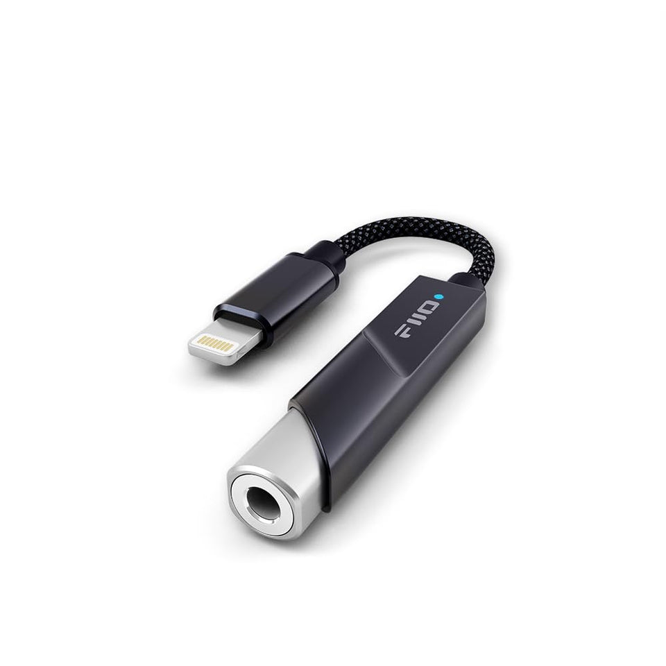 FiiO KA11 front view Lightning to 3.5mm adapter showing compact design and improved audio clarity