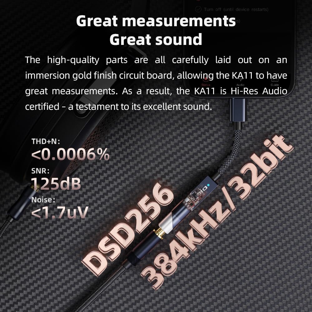 FiiO KA11 driving over‑ear headphones showing sufficient power and richer dynamics