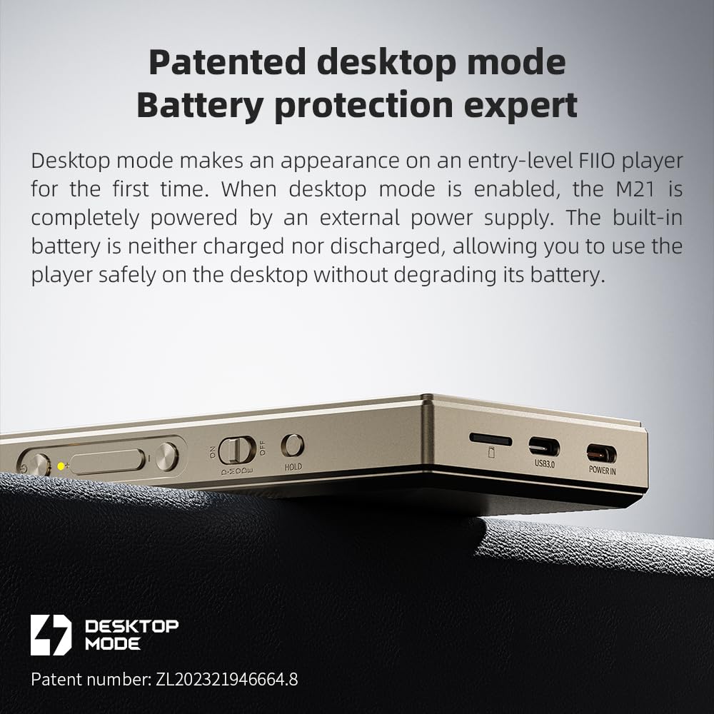 Fiio M21 portable music device in use with headphones for on-the-go listening.