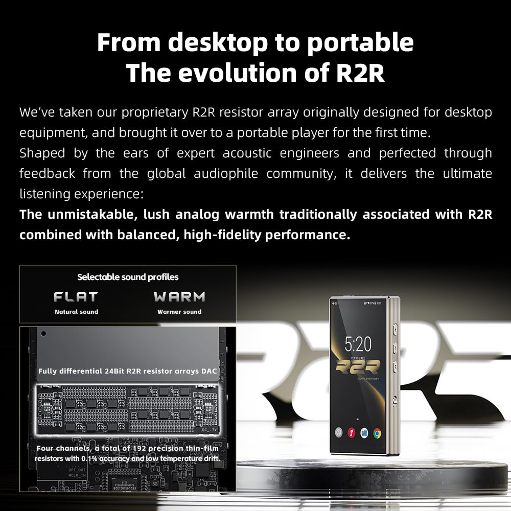 FiiO M33 R2R display-on emphasizes immersive 5.5-inch visuals for album art.