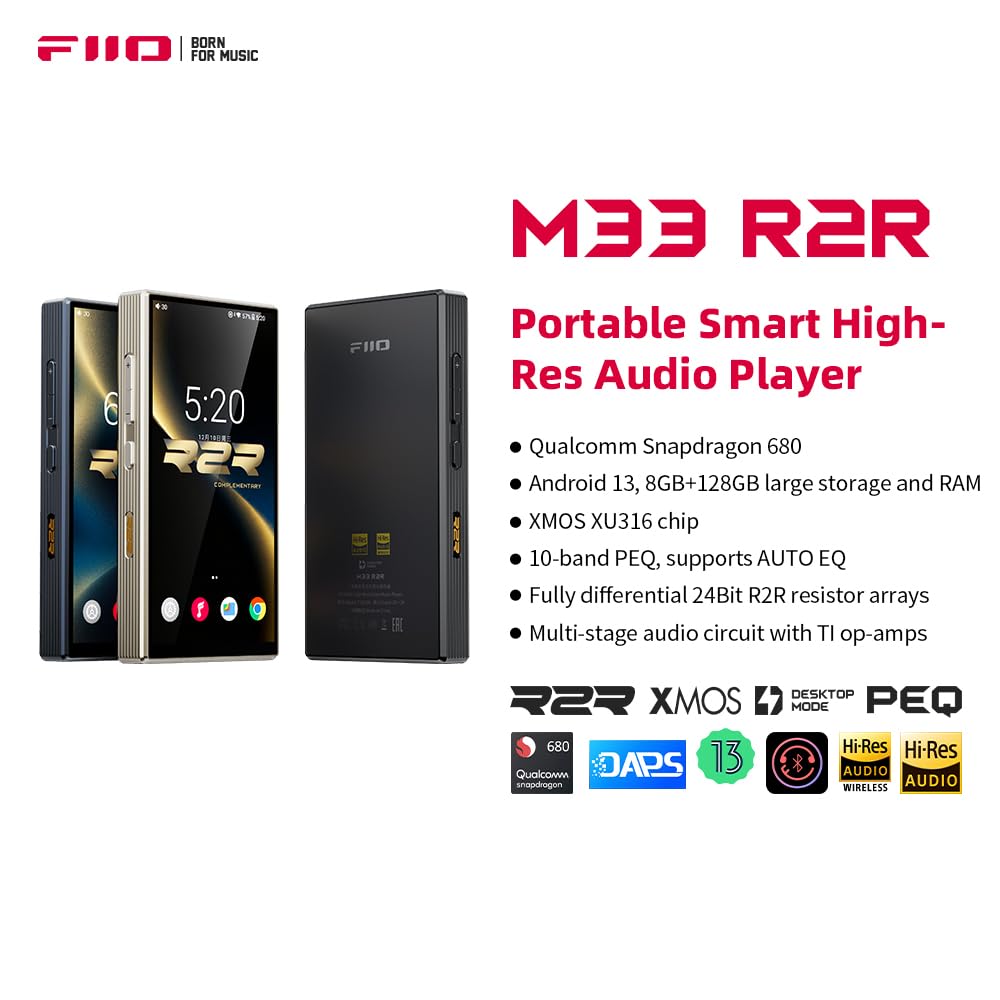 FiiO M33 R2R side profile highlights slim form for pocket-friendly use.