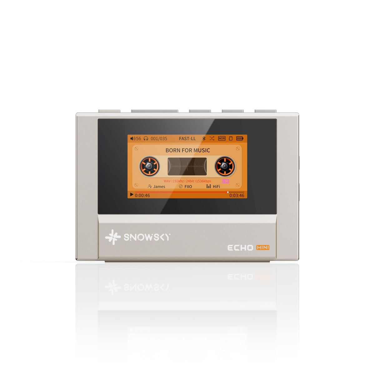 FiiO SnowSky Echo Mini titanium gold front view with dual outputs for high-fidelity portable listening