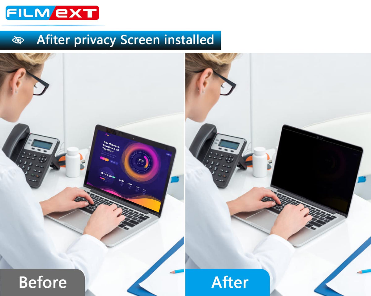 FILMEXT privacy screen in use at a cafe protecting on-screen data for a professional user