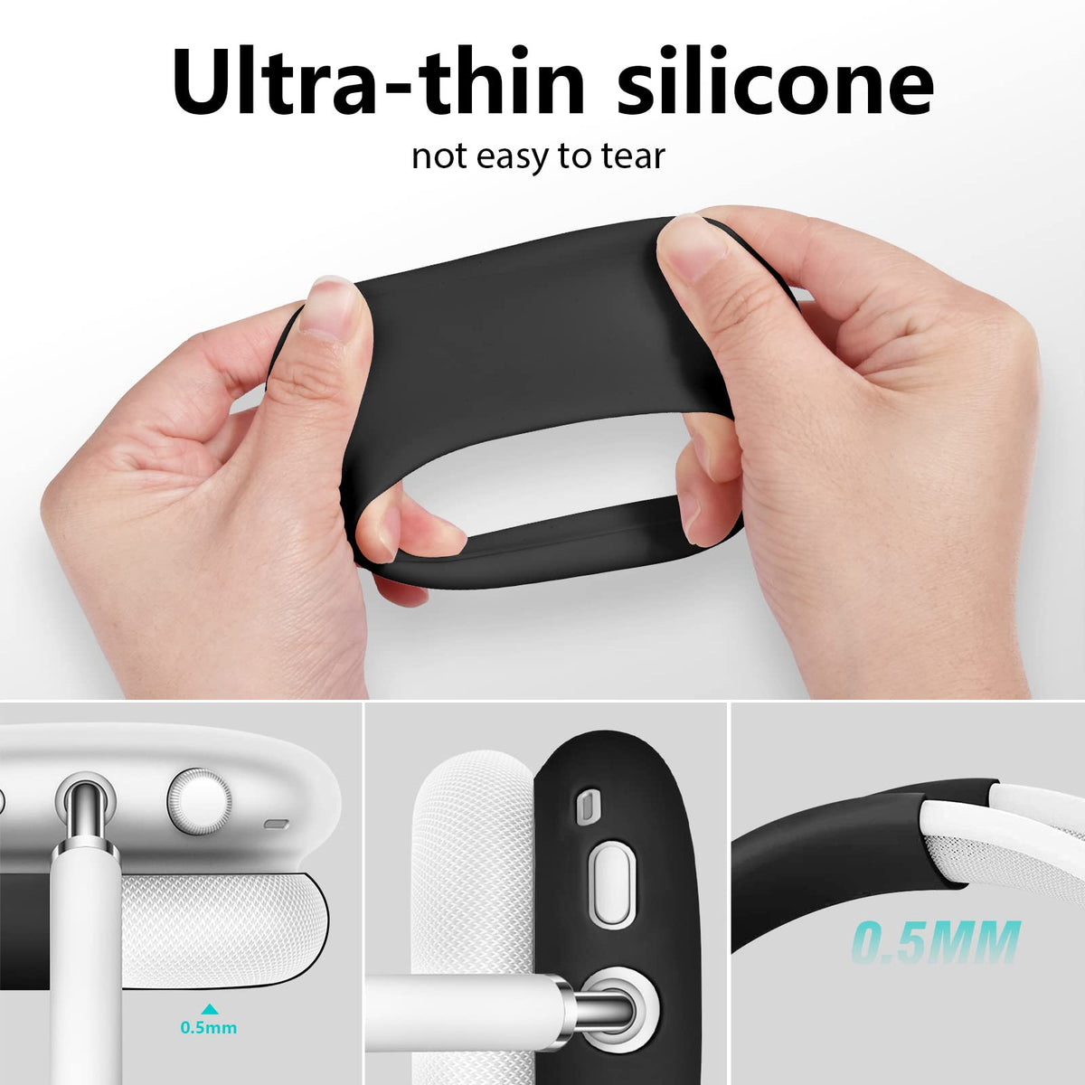 Textured silicone surface reduces noise transfer and increases durability on ear pads.