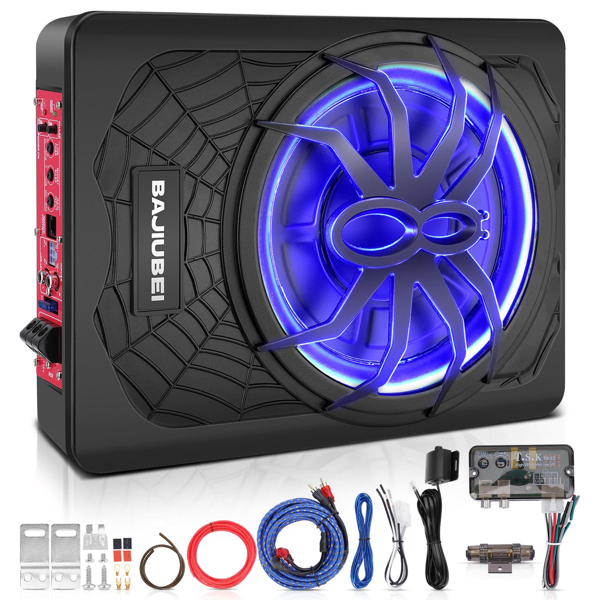 FILTERUP front view of under-seat subwoofer showing compact fit and bold bass