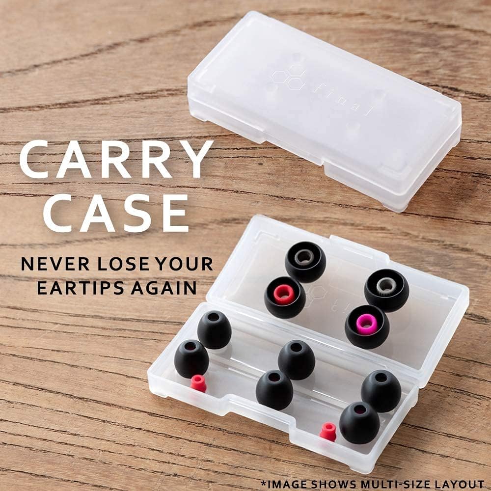 Final Audio hard case open with organized eartips for safe transport