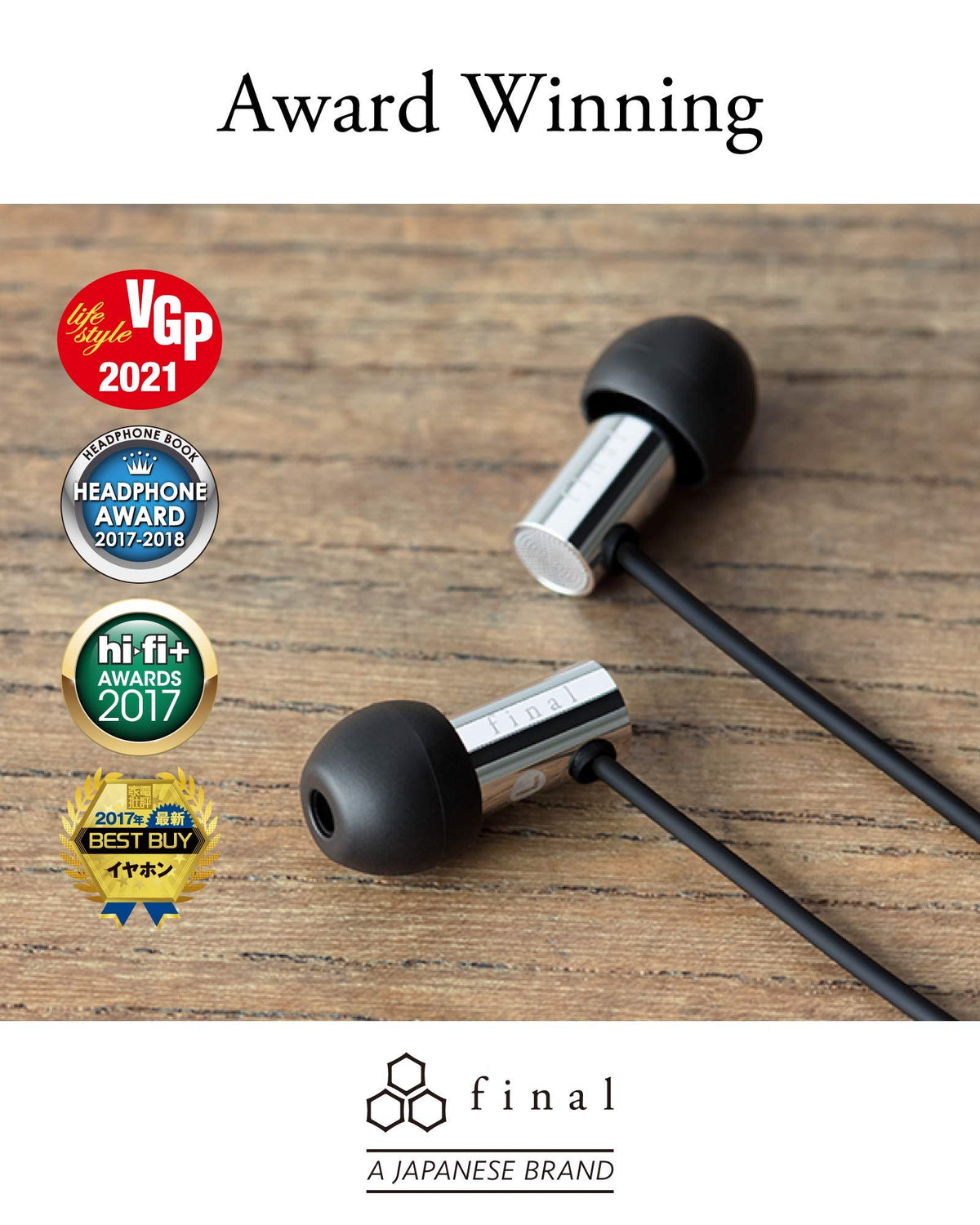 Final E3000 ear tips and accessories spread with five tip sizes and two detachable hooks for comfort