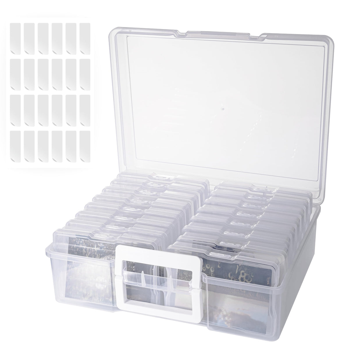 Find Scrapblooms photo storage box with handle—clear design for quick access.