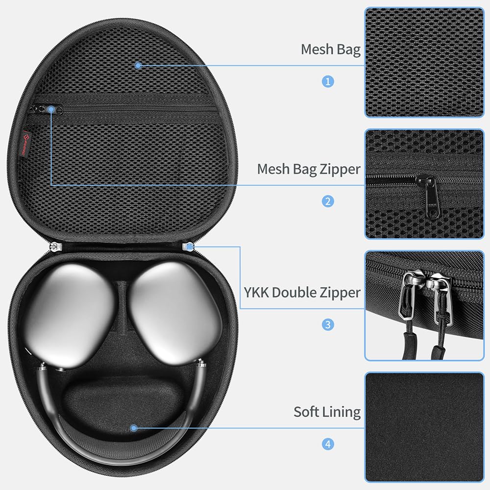 FINTIE AirPods Max case interior pocket secures cables and pads