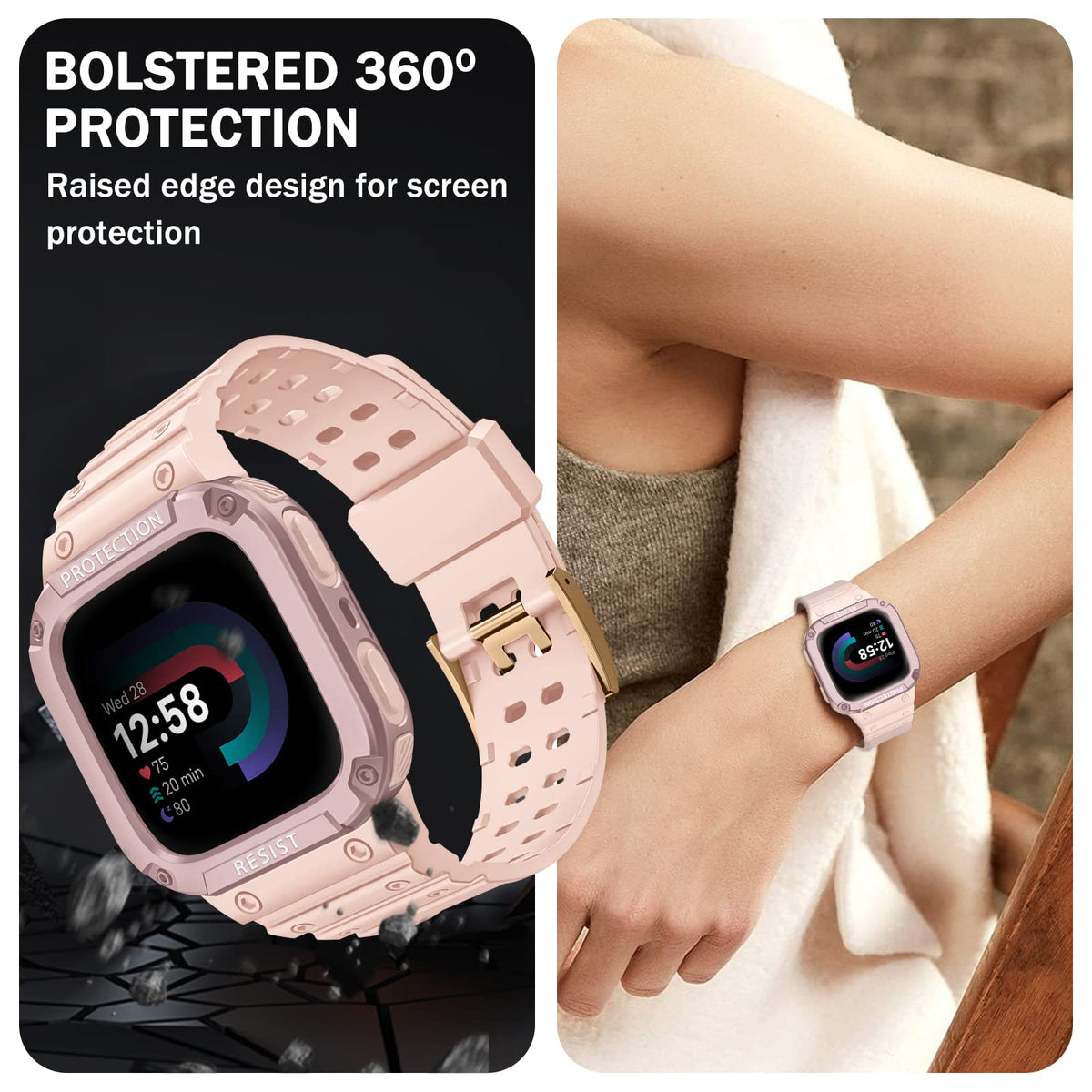 FINTIE Versa 2 pink sand case with adjustable band for secure fit.