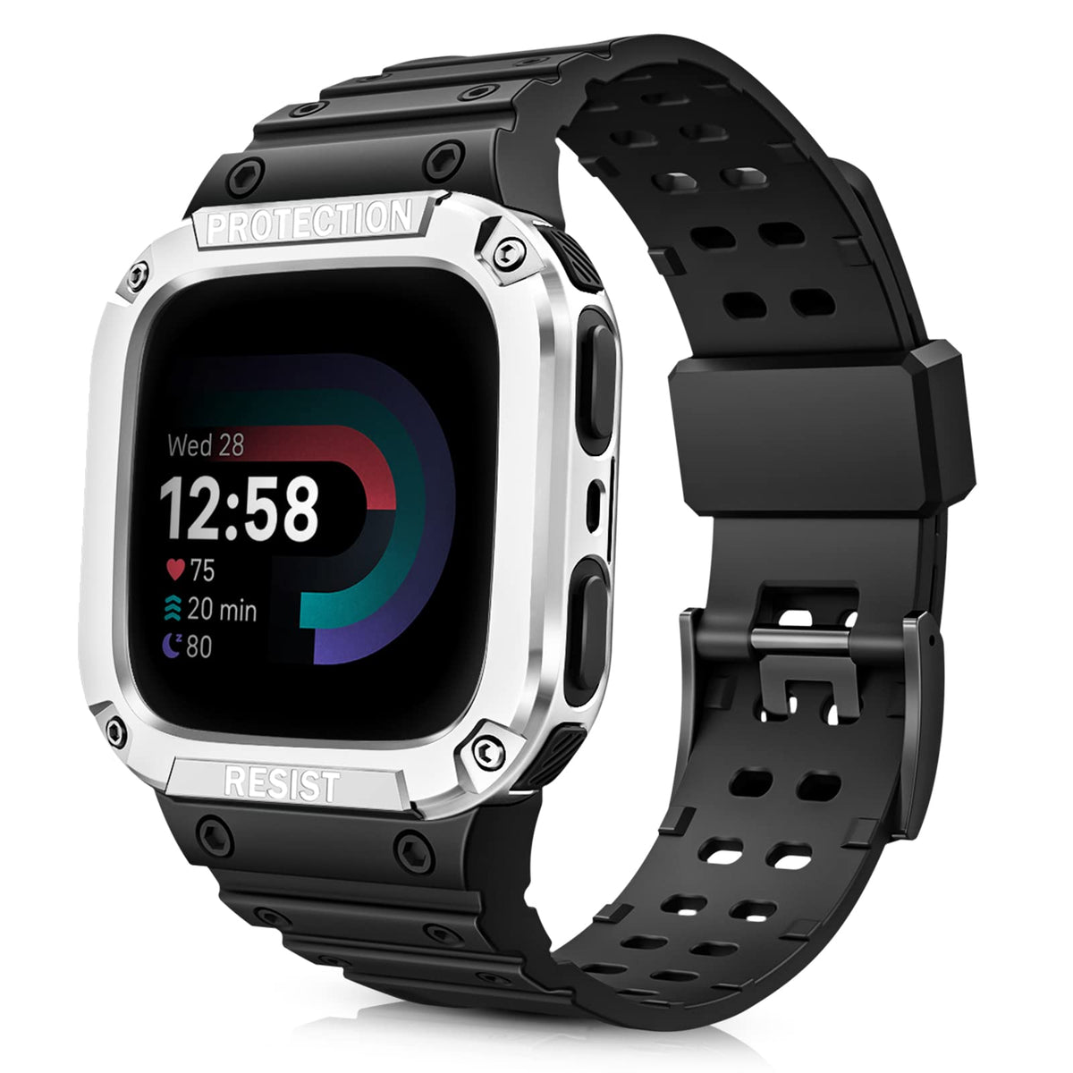 FINTIE band-case on the wrist for Versa 4, rugged protection.