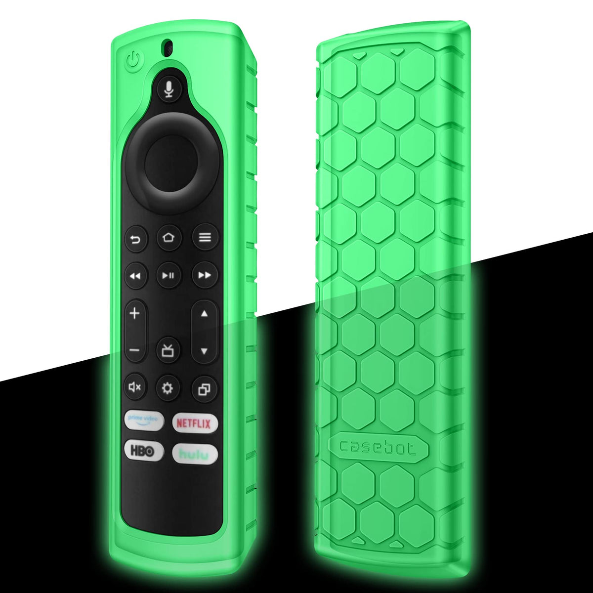 FINTIE silicone case for Fire TV remote with green glow - front view showing secure fit