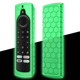 FINTIE silicone case for Fire TV remote with green glow - front view showing secure fit