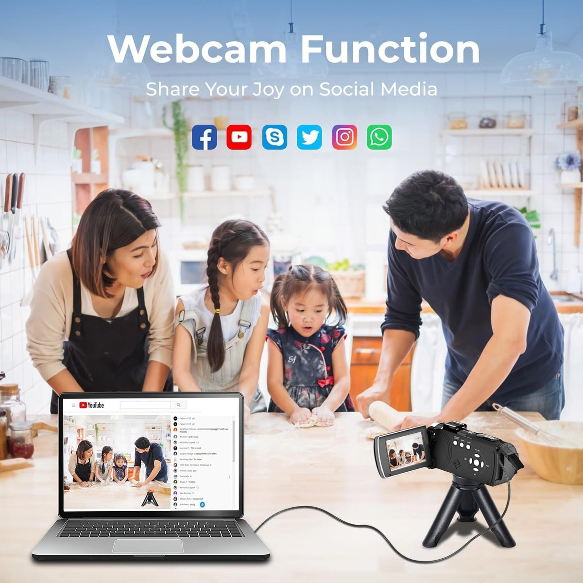 FIREFOTO camcorder mounted on a tripod, enables stable hands-free recording