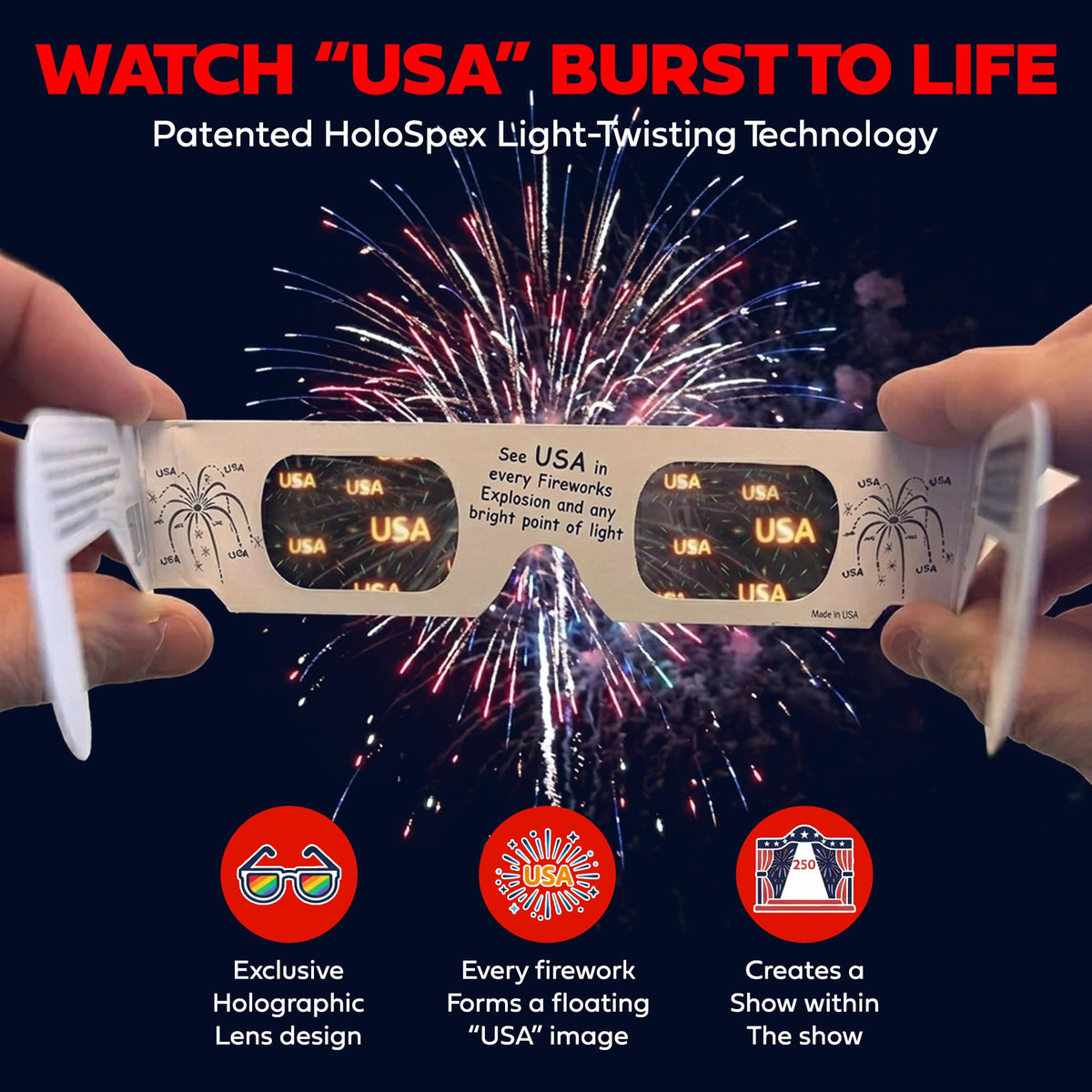 Fireworks display becomes immersive with holographic effects from HoloSpex glasses.