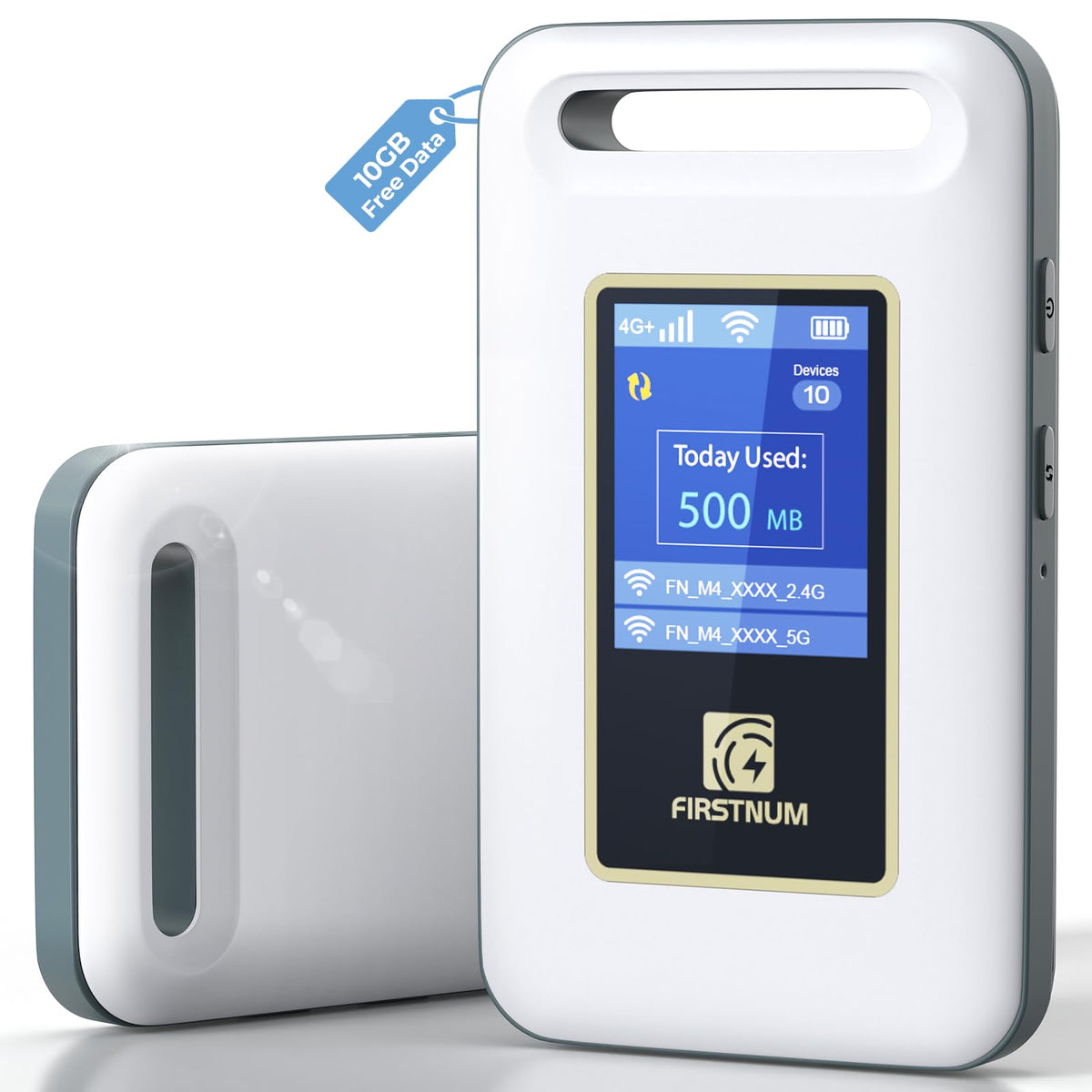 FIRSTNUM front view showing compact pocket WiFi and easy setup benefit