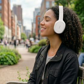 Fisher ANC headphones in a travel setup for commutes and planes
