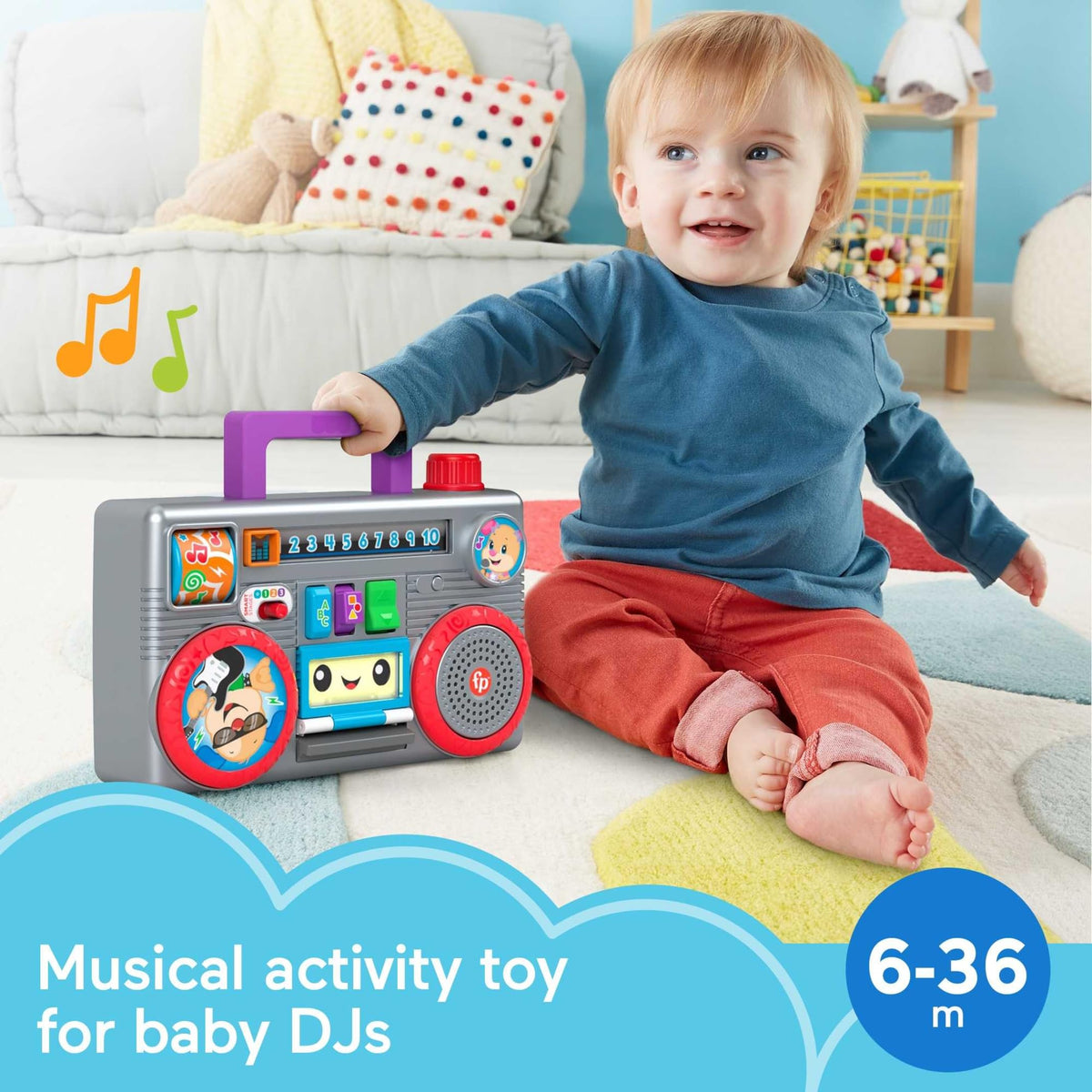 Fisher-Price Laugh and Learn Busy Boombox cassette deck opens for discovery and play