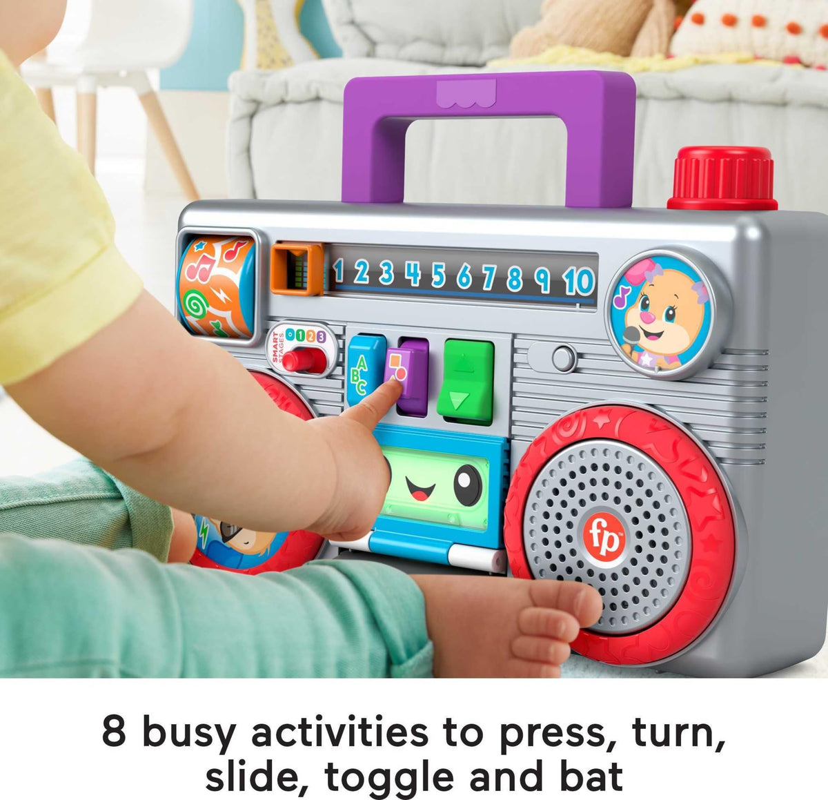 Fisher-Price Laugh and Learn Busy Boombox kickstand supports sit-at play sessions